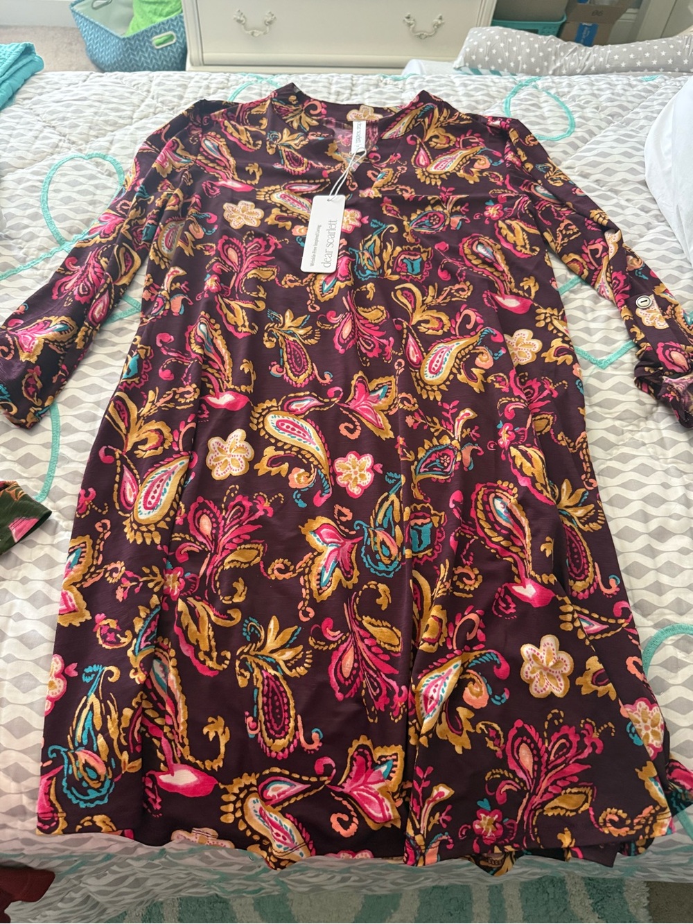 Long Sleeve Paisley Print Tunic Dress - Burgundy Multi